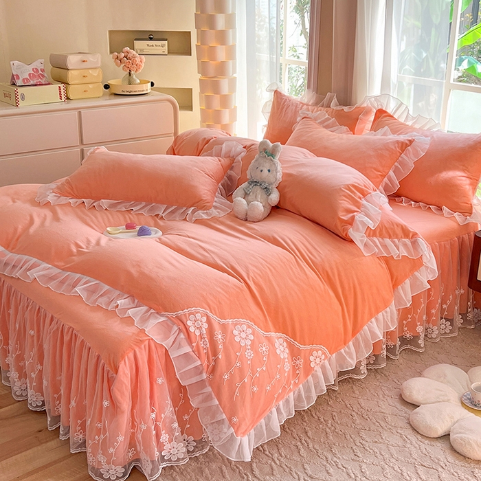 91家纺网 家纺一手货源 找家纺 唐人居 2025新款宝宝绒蕾丝花边四件套--米朵系列 米朵-橙