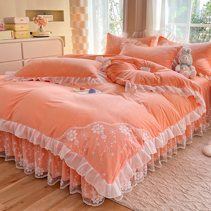 91家纺网 家纺一手货源 找家纺 唐人居 2025新款宝宝绒蕾丝花边四件套--米朵系列 米朵-橙