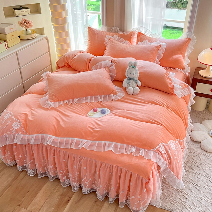 91家纺网 家纺一手货源 找家纺 唐人居 2025新款宝宝绒蕾丝花边四件套--米朵系列 米朵-橙