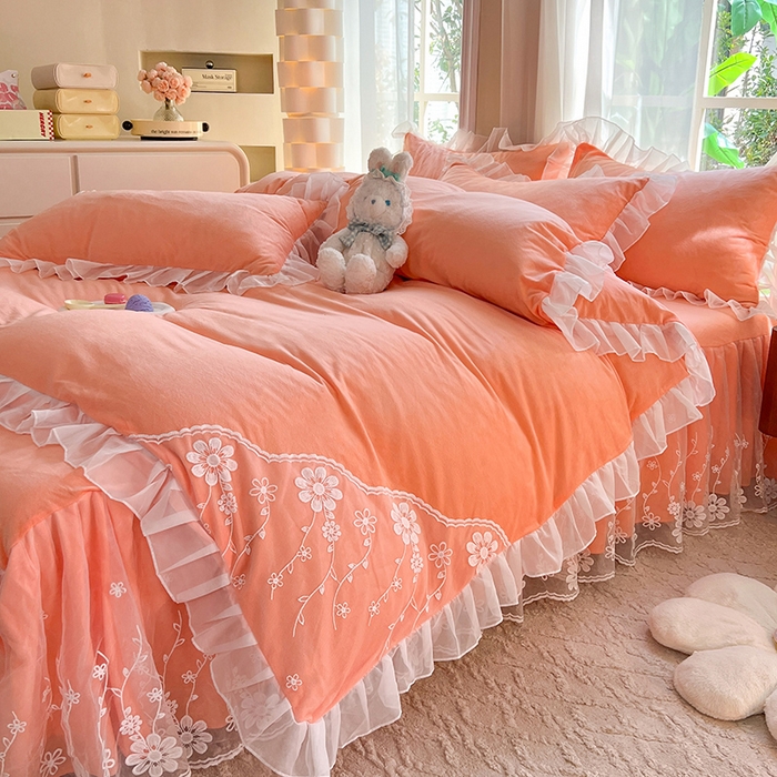 91家纺网 家纺一手货源 找家纺 唐人居 2025新款宝宝绒蕾丝花边四件套--米朵系列 米朵-橙