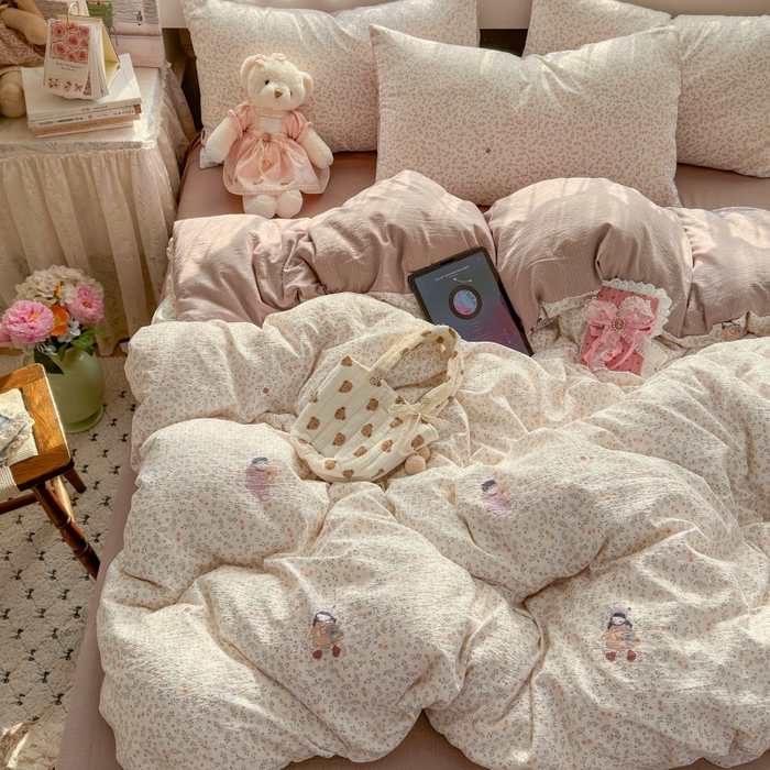 91家纺网 家纺一手货源 找家纺 丽美人家纺 2025新款【全尺寸不断货】高克重木棉提花双层纱四件套 QB时光