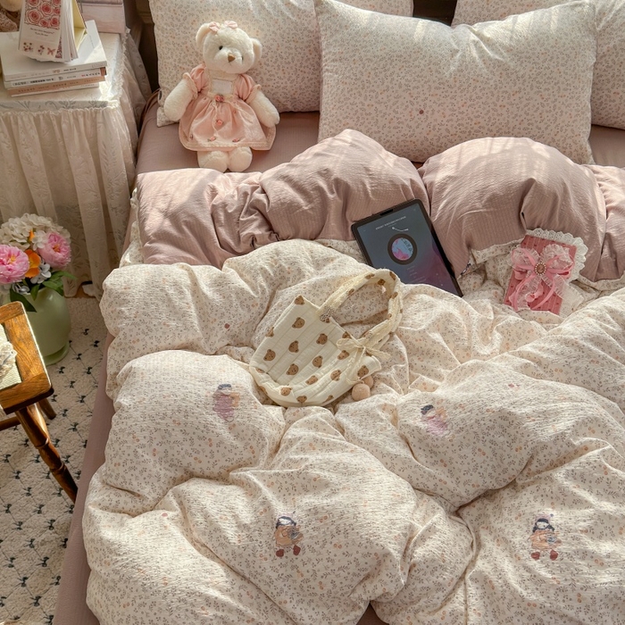 91家纺网 家纺一手货源 找家纺 丽美人家纺 2025新款【全尺寸不断货】高克重木棉提花双层纱四件套 QB时光