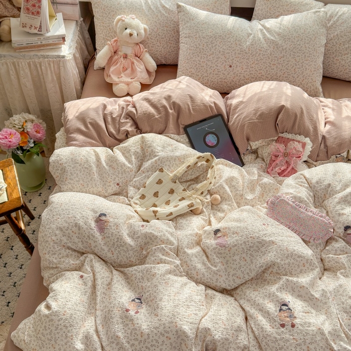 91家纺网 家纺一手货源 找家纺 丽美人家纺 2025新款【全尺寸不断货】高克重木棉提花双层纱四件套 QB时光