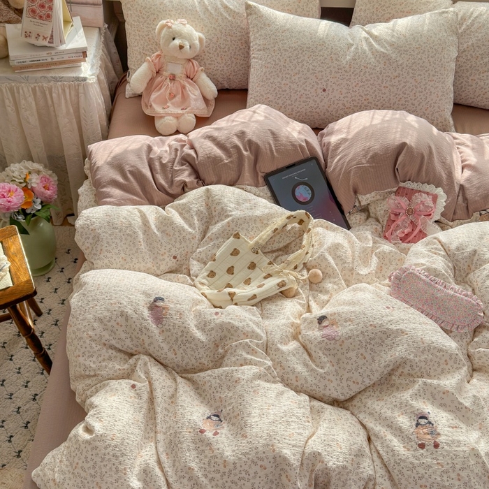 91家纺网 家纺一手货源 找家纺 丽美人家纺 2025新款【全尺寸不断货】高克重木棉提花双层纱四件套 QB时光