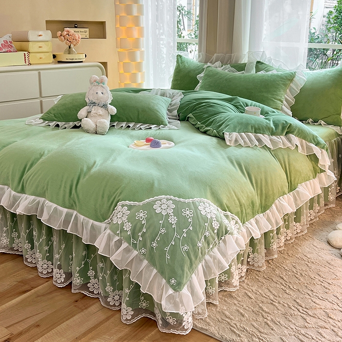 91家纺网 家纺一手货源 找家纺 唐人居 2025新款宝宝绒蕾丝花边四件套--米朵系列 米朵-果绿