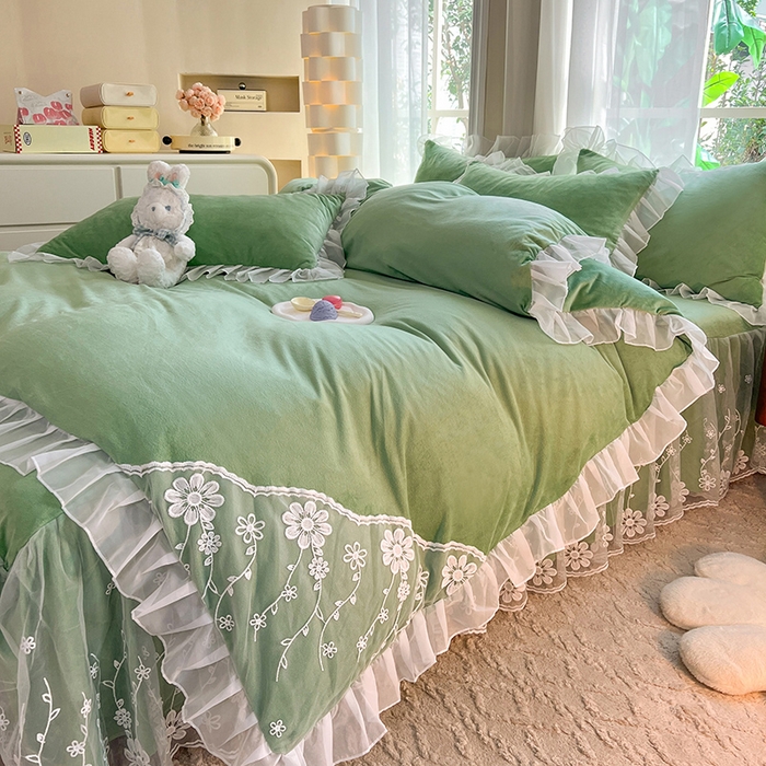 91家纺网 家纺一手货源 找家纺 唐人居 2025新款宝宝绒蕾丝花边四件套--米朵系列 米朵-果绿