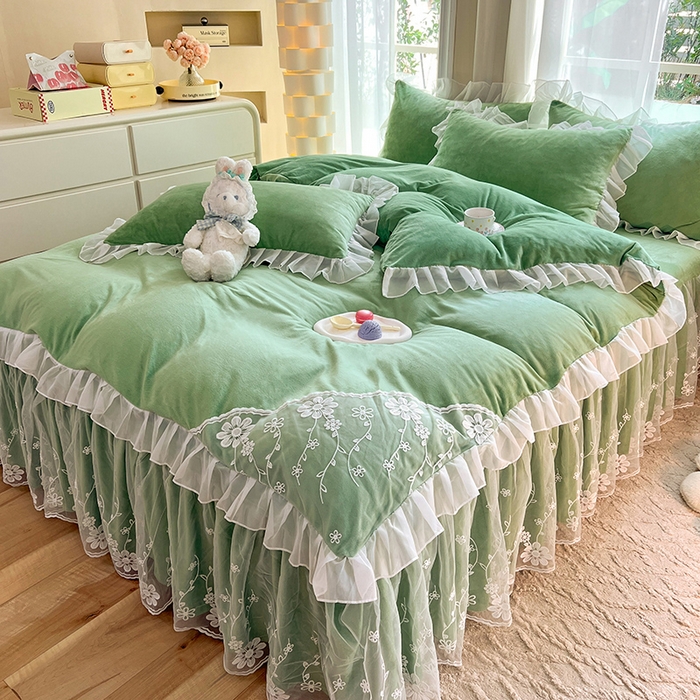 91家纺网 家纺一手货源 找家纺 唐人居 2025新款宝宝绒蕾丝花边四件套--米朵系列 米朵-果绿