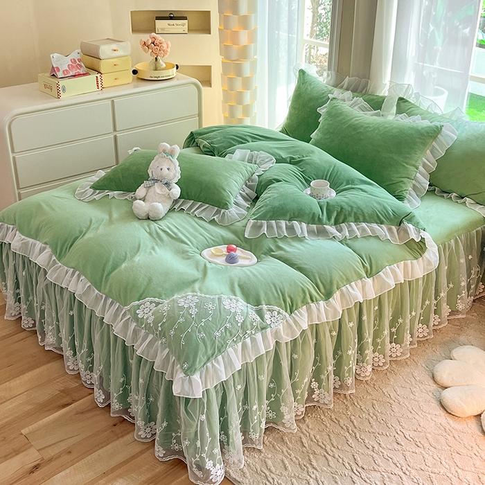 91家纺网 家纺一手货源 找家纺 唐人居 2025新款宝宝绒蕾丝花边四件套--米朵系列 米朵-果绿