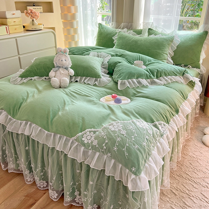 91家纺网 家纺一手货源 找家纺 唐人居 2025新款宝宝绒蕾丝花边四件套--米朵系列 米朵-果绿