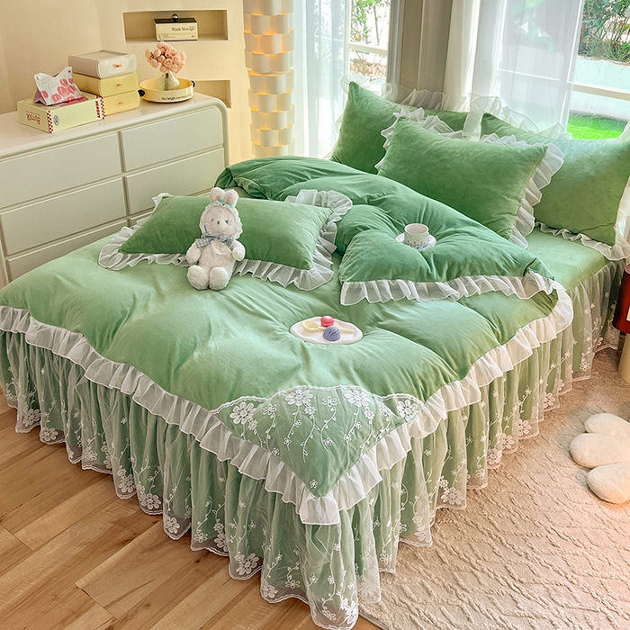 91家纺网 家纺一手货源 找家纺 唐人居 2025新款宝宝绒蕾丝花边四件套--米朵系列 米朵-果绿