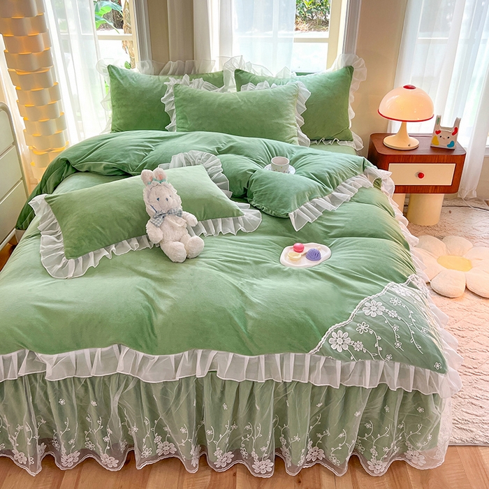 91家纺网 家纺一手货源 找家纺 唐人居 2025新款宝宝绒蕾丝花边四件套--米朵系列 米朵-果绿