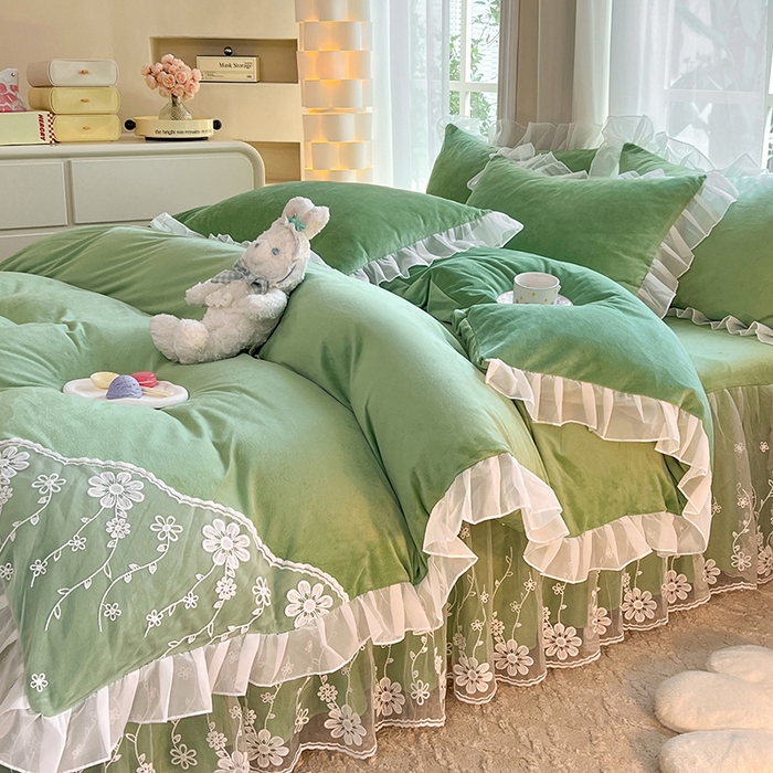 91家纺网 家纺一手货源 找家纺 唐人居 2025新款宝宝绒蕾丝花边四件套--米朵系列 米朵-果绿