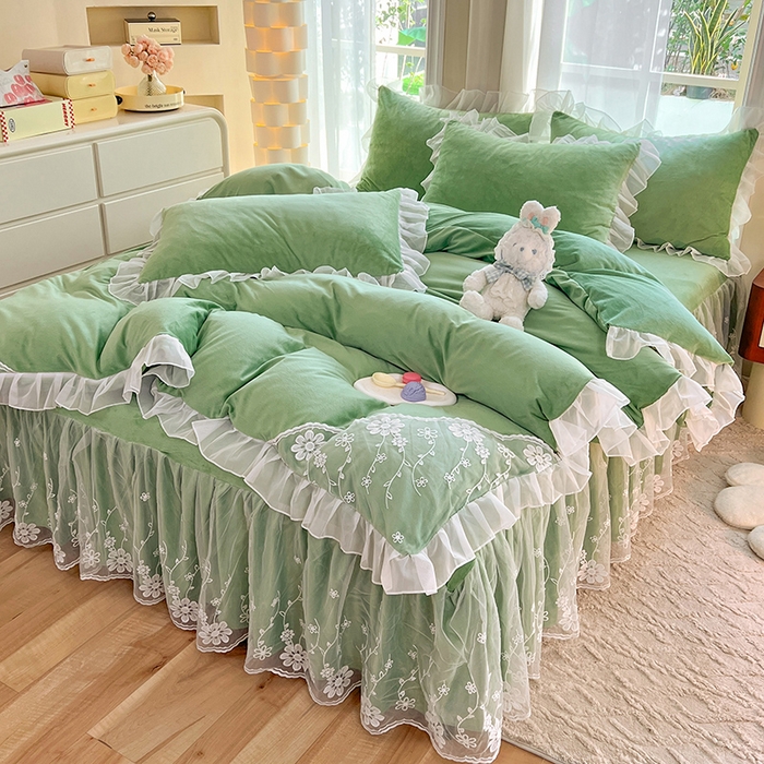 91家纺网 家纺一手货源 找家纺 唐人居 2025新款宝宝绒蕾丝花边四件套--米朵系列 米朵-果绿