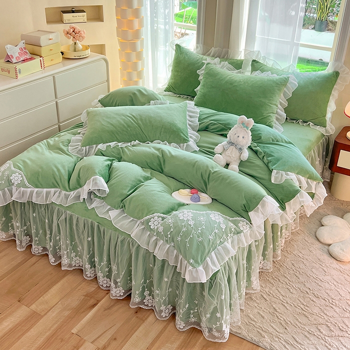 91家纺网 家纺一手货源 找家纺 唐人居 2025新款宝宝绒蕾丝花边四件套--米朵系列 米朵-果绿