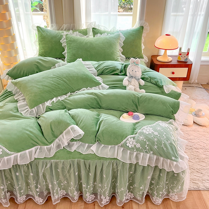 91家纺网 家纺一手货源 找家纺 唐人居 2025新款宝宝绒蕾丝花边四件套--米朵系列 米朵-果绿