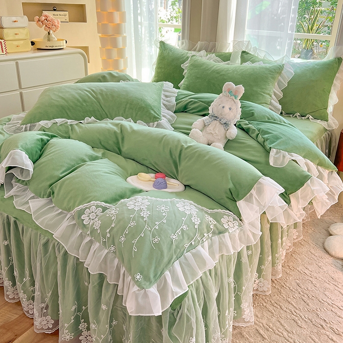 91家纺网 家纺一手货源 找家纺 唐人居 2025新款宝宝绒蕾丝花边四件套--米朵系列 米朵-果绿