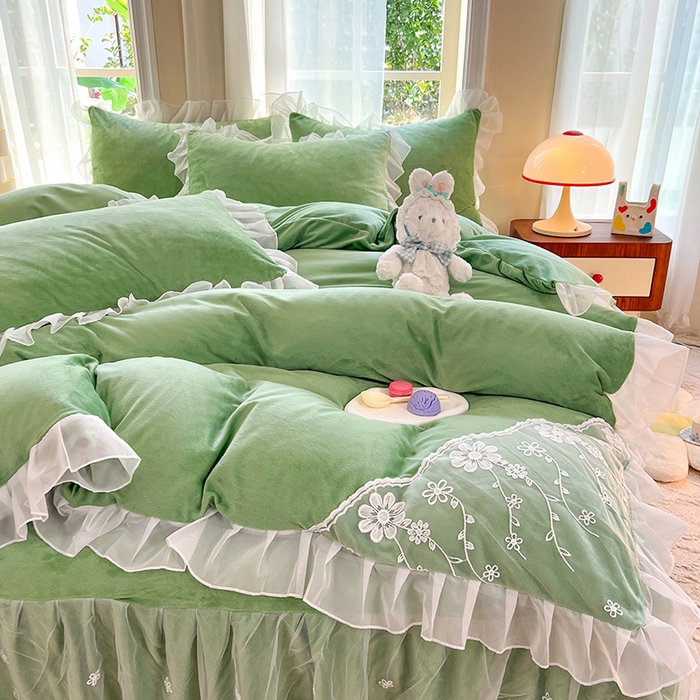 91家纺网 家纺一手货源 找家纺 唐人居 2025新款宝宝绒蕾丝花边四件套--米朵系列 米朵-果绿