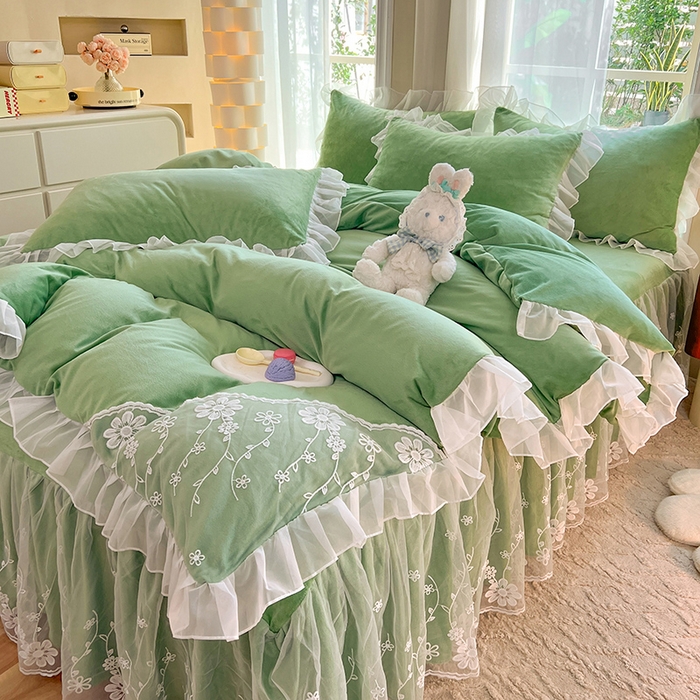 91家纺网 家纺一手货源 找家纺 唐人居 2025新款宝宝绒蕾丝花边四件套--米朵系列 米朵-果绿