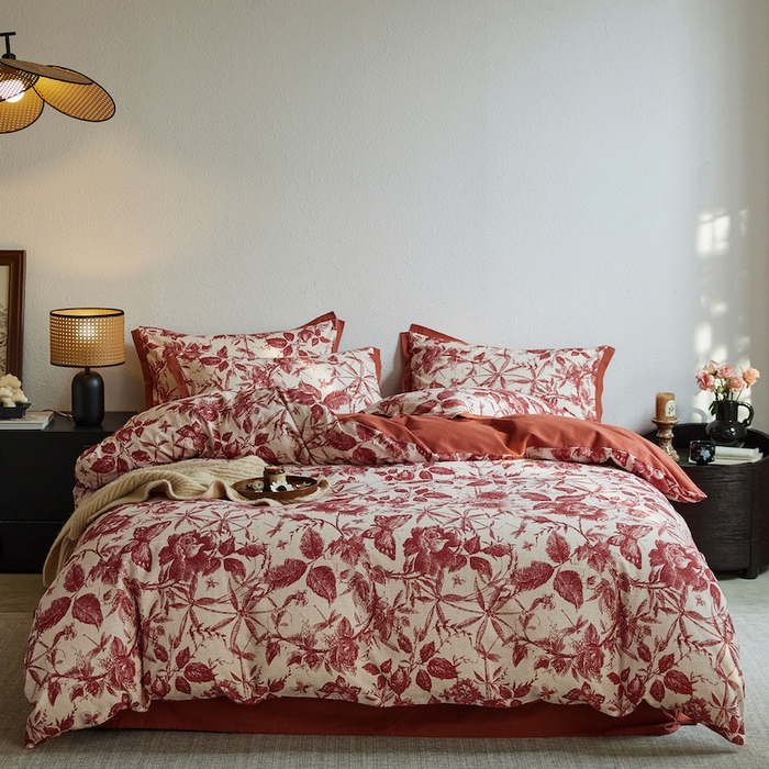 千朵森 2025新款全棉拼角印花磨毛四件套 红蔓