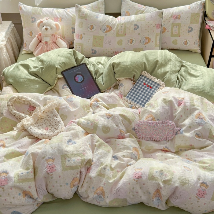 91家纺网 家纺一手货源 找家纺 丽美人家纺 2025新款【全尺寸不断货】高克重木棉提花双层纱四件套 QB童话