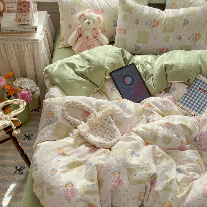 91家纺网 家纺一手货源 找家纺 丽美人家纺 2025新款【全尺寸不断货】高克重木棉提花双层纱四件套 QB童话