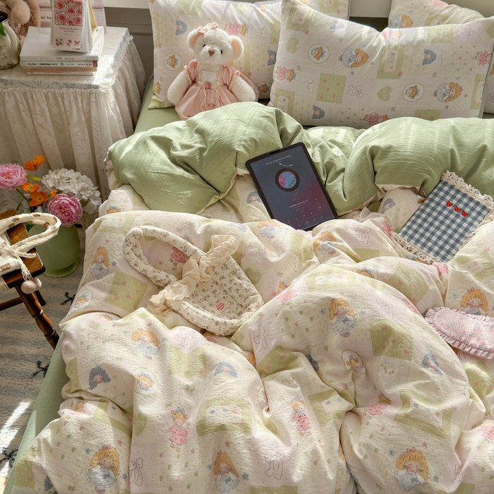 91家纺网 家纺一手货源 找家纺 丽美人家纺 2025新款【全尺寸不断货】高克重木棉提花双层纱四件套 QB童话