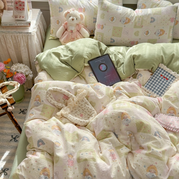 91家纺网 家纺一手货源 找家纺 丽美人家纺 2025新款【全尺寸不断货】高克重木棉提花双层纱四件套 QB童话