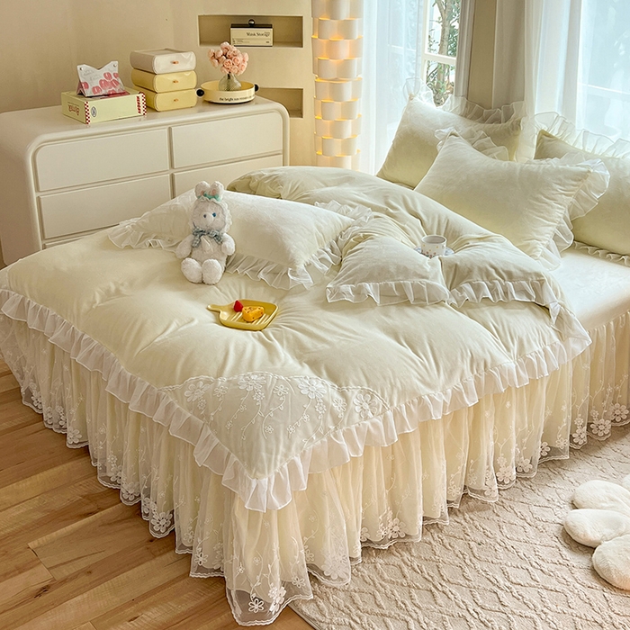 91家纺网 家纺一手货源 找家纺 唐人居 2025新款宝宝绒蕾丝花边四件套--米朵系列 米朵-奶白