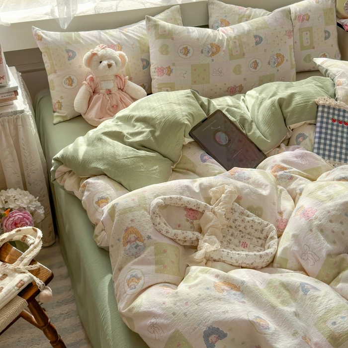 91家纺网 家纺一手货源 找家纺 丽美人家纺 2025新款【全尺寸不断货】高克重木棉提花双层纱四件套 QB童话