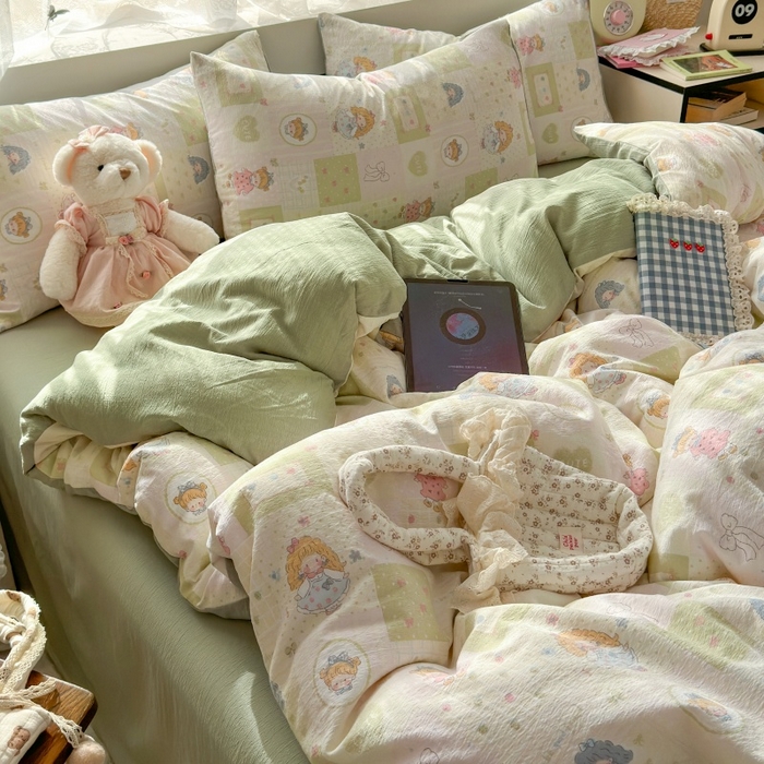 91家纺网 家纺一手货源 找家纺 丽美人家纺 2025新款【全尺寸不断货】高克重木棉提花双层纱四件套 QB童话