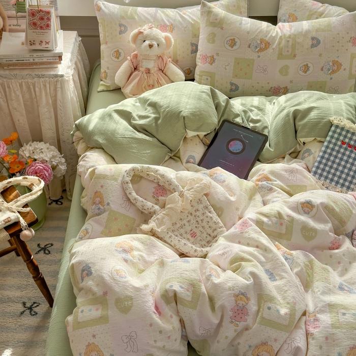 91家纺网 家纺一手货源 找家纺 丽美人家纺 2025新款【全尺寸不断货】高克重木棉提花双层纱四件套 QB童话