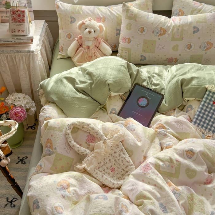 91家纺网 家纺一手货源 找家纺 丽美人家纺 2025新款【全尺寸不断货】高克重木棉提花双层纱四件套 QB童话