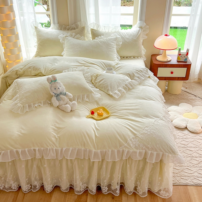 91家纺网 家纺一手货源 找家纺 唐人居 2025新款宝宝绒蕾丝花边四件套--米朵系列 米朵-奶白