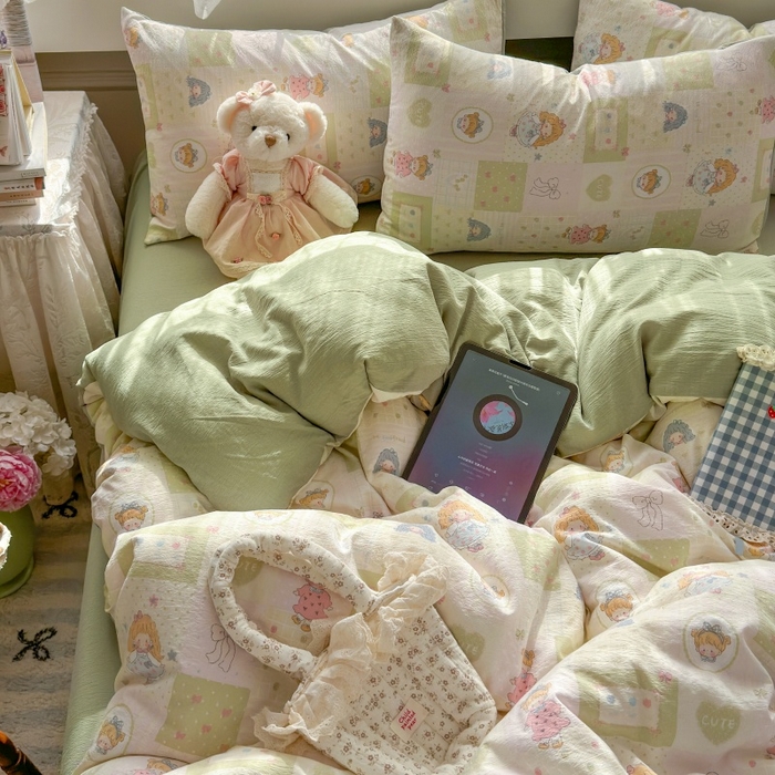 91家纺网 家纺一手货源 找家纺 丽美人家纺 2025新款【全尺寸不断货】高克重木棉提花双层纱四件套 QB童话