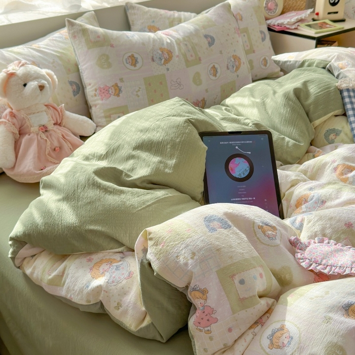 91家纺网 家纺一手货源 找家纺 丽美人家纺 2025新款【全尺寸不断货】高克重木棉提花双层纱四件套 QB童话