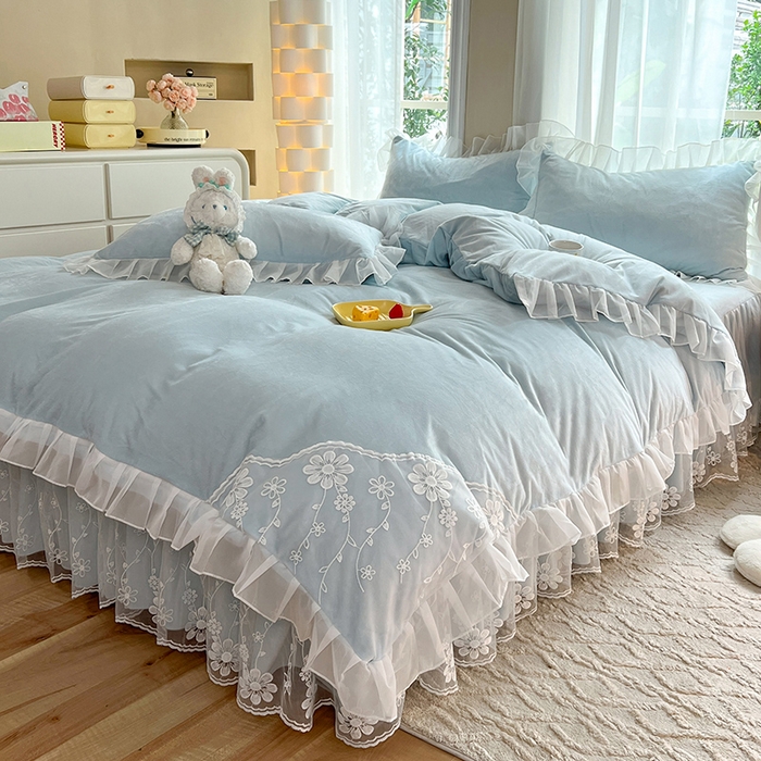 91家纺网 家纺一手货源 找家纺 唐人居 2025新款宝宝绒蕾丝花边四件套--米朵系列 米朵-浅蓝