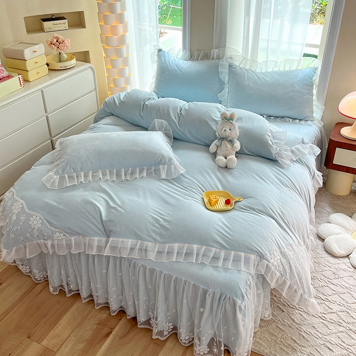 91家纺网 家纺一手货源 找家纺 唐人居 2025新款宝宝绒蕾丝花边四件套--米朵系列 米朵-浅蓝