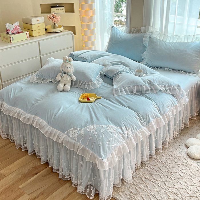 91家纺网 家纺一手货源 找家纺 唐人居 2025新款宝宝绒蕾丝花边四件套--米朵系列 米朵-浅蓝