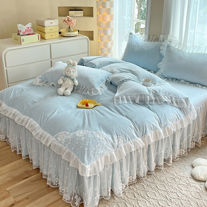 91家纺网 家纺一手货源 找家纺 唐人居 2025新款宝宝绒蕾丝花边四件套--米朵系列 米朵-浅蓝