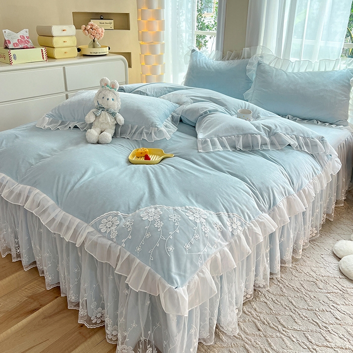 91家纺网 家纺一手货源 找家纺 唐人居 2025新款宝宝绒蕾丝花边四件套--米朵系列 米朵-浅蓝