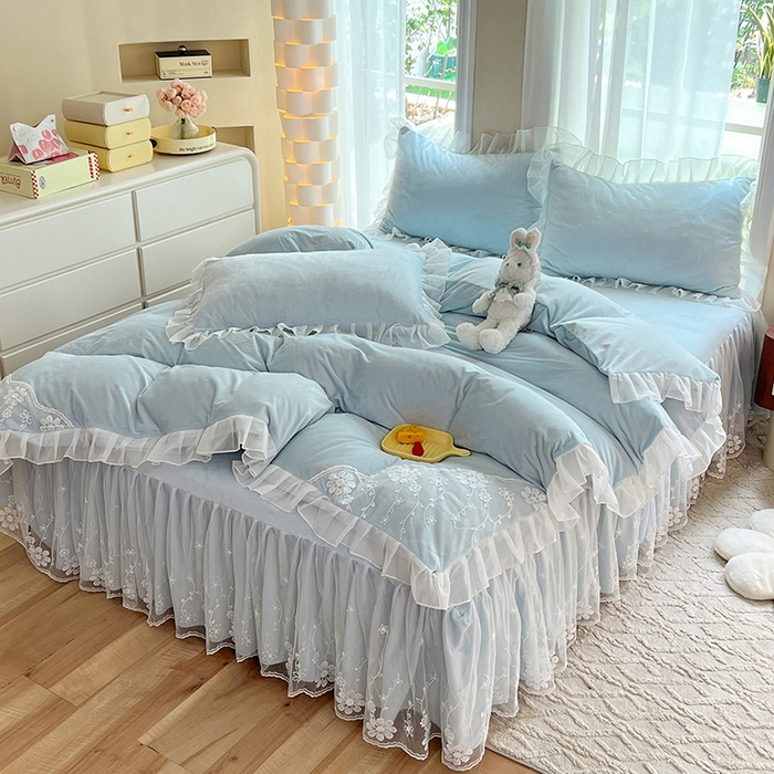 91家纺网 家纺一手货源 找家纺 唐人居 2025新款宝宝绒蕾丝花边四件套--米朵系列 米朵-浅蓝