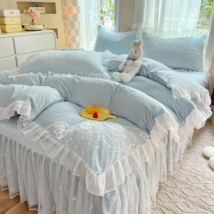 91家纺网 家纺一手货源 找家纺 唐人居 2025新款宝宝绒蕾丝花边四件套--米朵系列 米朵-浅蓝