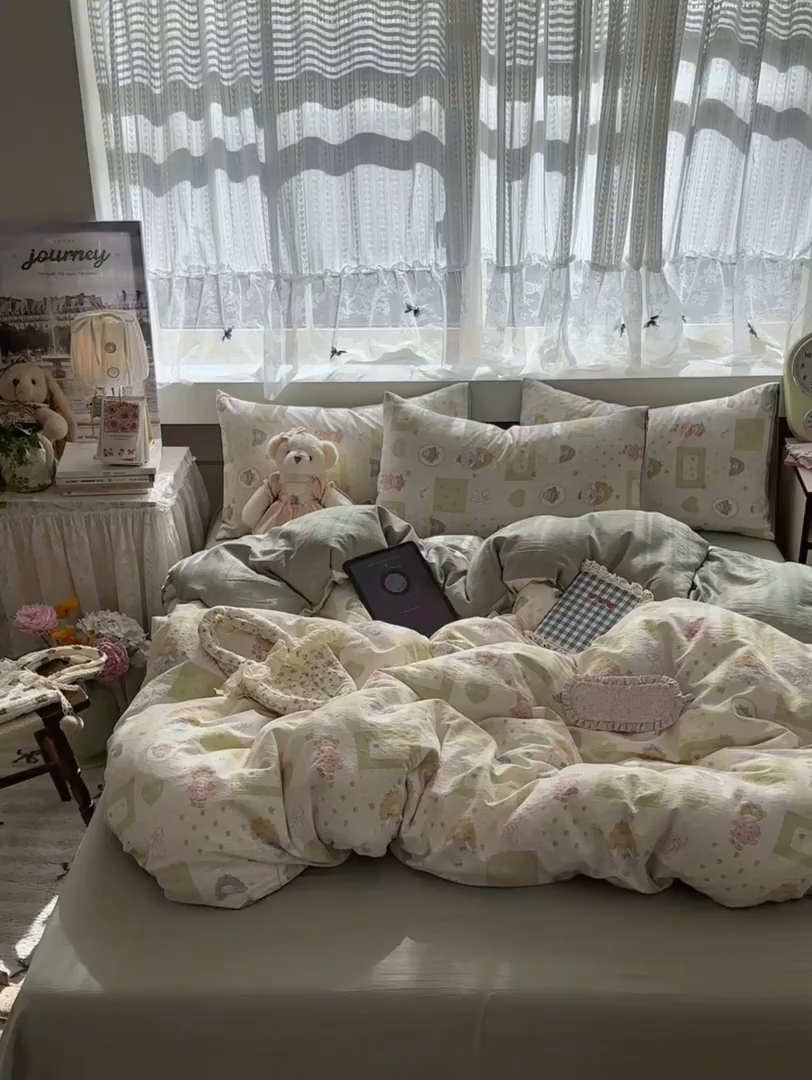 91家纺网 家纺一手货源 找家纺 丽美人家纺 2025新款【全尺寸不断货】高克重木棉提花双层纱四件套 QB童话