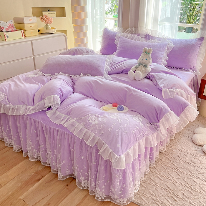 91家纺网 家纺一手货源 找家纺 唐人居 2025新款宝宝绒蕾丝花边四件套--米朵系列 米朵-浅紫