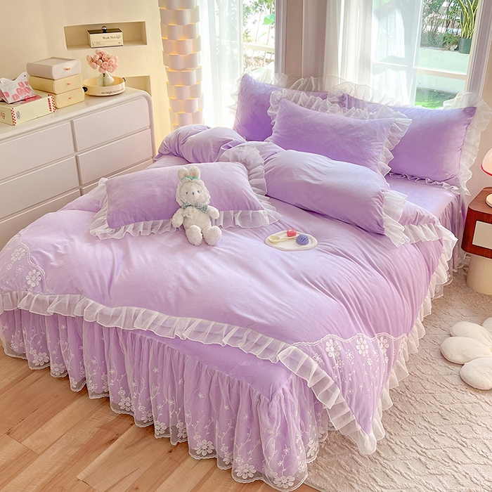 91家纺网 家纺一手货源 找家纺 唐人居 2025新款宝宝绒蕾丝花边四件套--米朵系列 米朵-浅紫