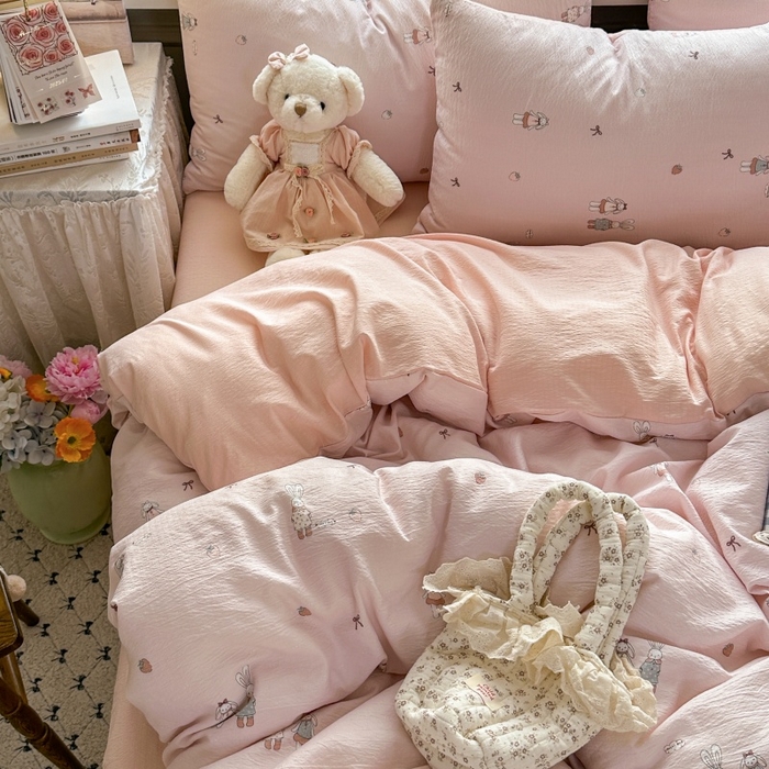 91家纺网 家纺一手货源 找家纺 丽美人家纺 2025新款【全尺寸不断货】高克重木棉提花双层纱四件套 QB兔小姐