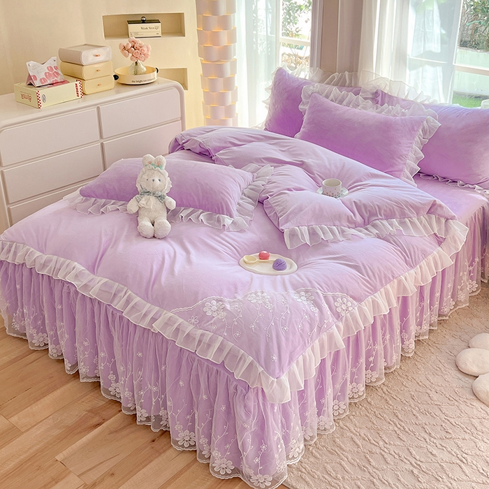 91家纺网 家纺一手货源 找家纺 唐人居 2025新款宝宝绒蕾丝花边四件套--米朵系列 米朵-浅紫