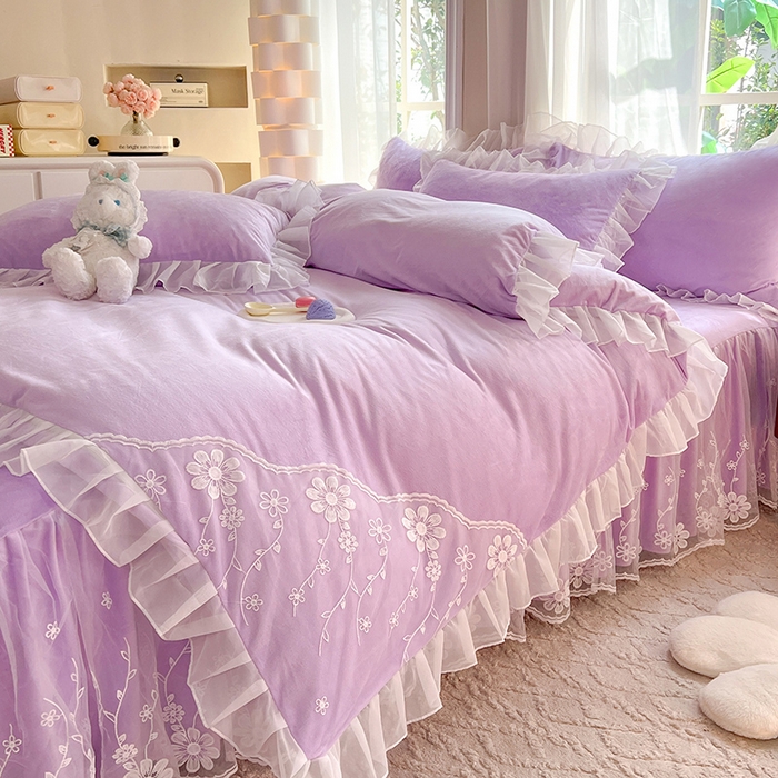 91家纺网 家纺一手货源 找家纺 唐人居 2025新款宝宝绒蕾丝花边四件套--米朵系列 米朵-浅紫