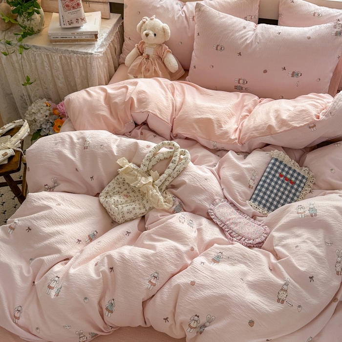 91家纺网 家纺一手货源 找家纺 丽美人家纺 2025新款【全尺寸不断货】高克重木棉提花双层纱四件套 QB兔小姐