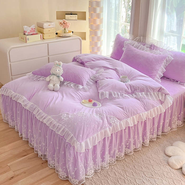 91家纺网 家纺一手货源 找家纺 唐人居 2025新款宝宝绒蕾丝花边四件套--米朵系列 米朵-浅紫